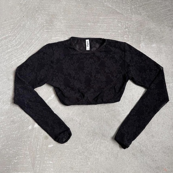 Los Angeles Apparel FLORAL LACE LONG SLEEVE CROP TOP XS Black - Picture 3 of 4